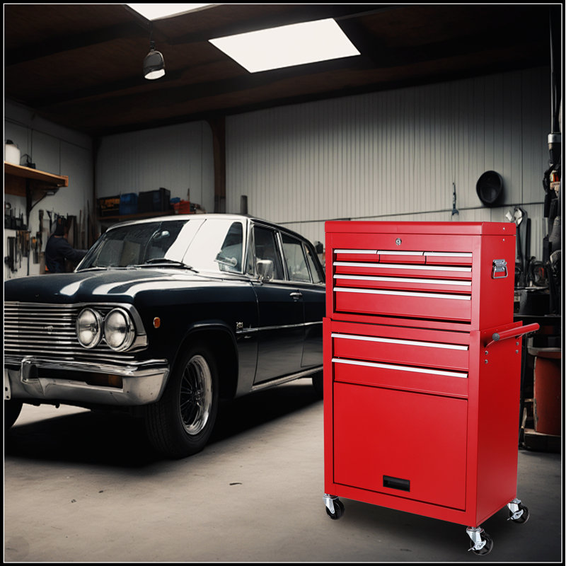 Coffre à outils, armoire de rangement à outils à 8 tiroirs avec coffre à outils amovible 2 en 1, doublure, roues verrouillables, crochets latéraux, chariot à outils en métal pour le garage