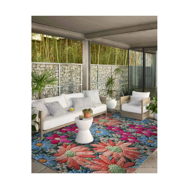 Tapis tissé à motif floral rouge, bleu et rose, Rectangle 5 pi x 6 pi 7 po