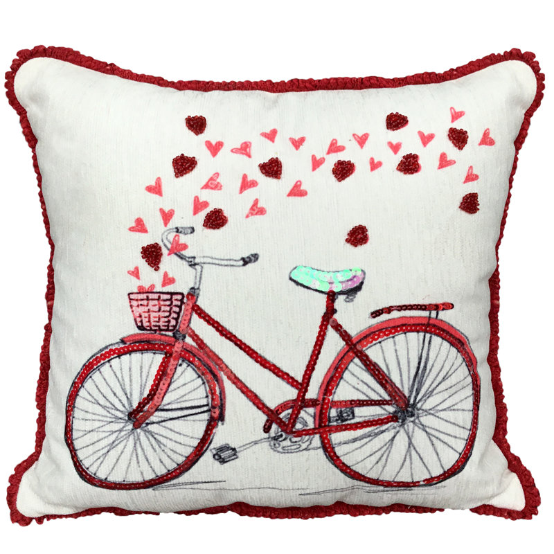 Square Cushion, White/Red Bike Heart