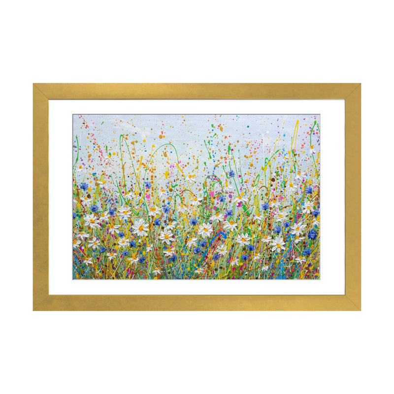 Marguerites et bleuets - impression d'art mural - papier d'art encadré, H 16 po x l 24 po, Doré