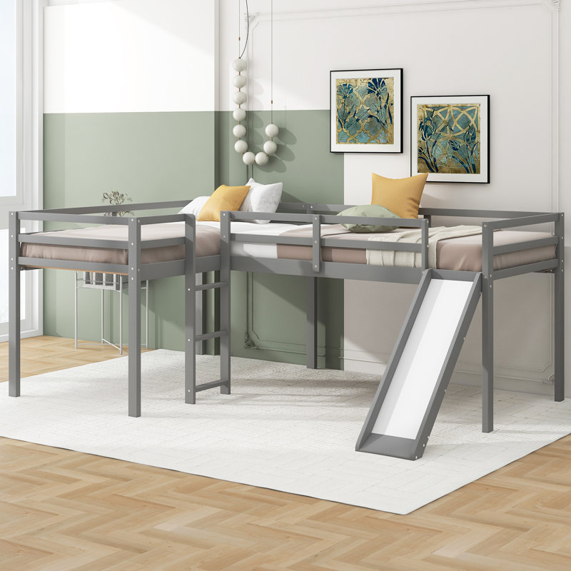  L-Shaped Twin Loft Bed Frame with Built-In Slide and Ladder, Elevated Platform Sleeping Solution, Gray, Gray