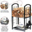 Support à bois de chauffage intérieur / extérieur à 2 niveaux avec ensemble d'outils de foyer, brosse, pelle, tisonnier, pinces - support à bûches en acier imperméable, poêle en fer forgé noir - 17 x 12 x 29