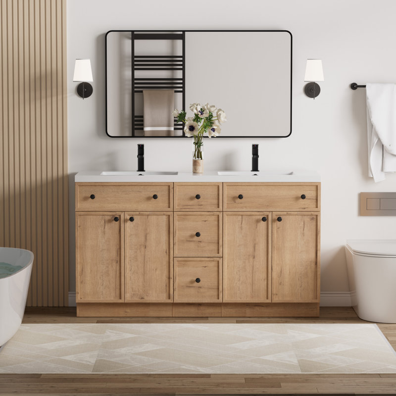 Ensemble de meuble-lavabo double 60 po Jadaya Modern Farmhouse, Chêne, 60"