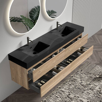 Meuble-lavabo 72 po avec lavabo à quartz et tiroirs souples, meuble-lavabo mural flottant pour salle de bain moderne, lavabo une pièce