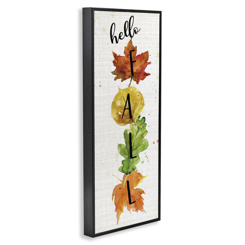 «Hello Fall Greeting Autumn Foliage Stacked Leaves» par Carol Robinson - art textuel, Giclée encadrée noir minuit