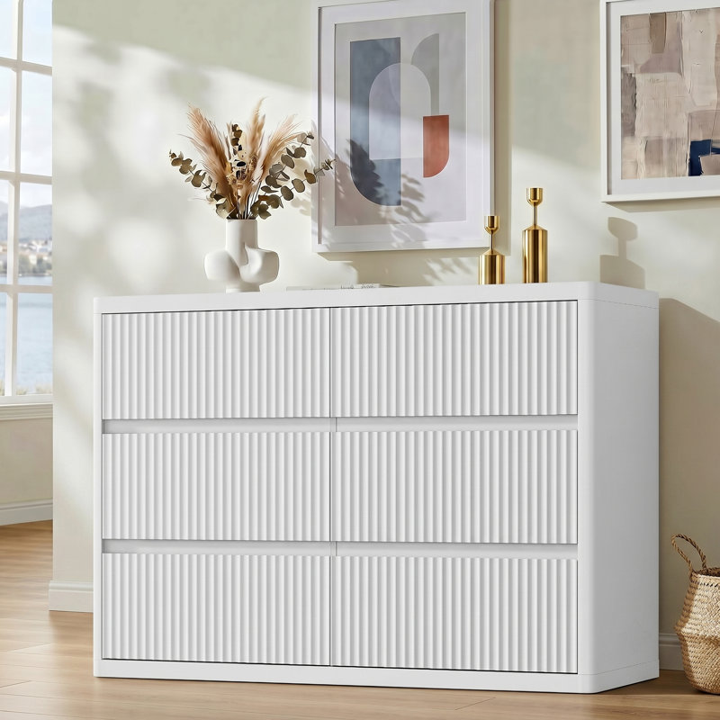 48" W White Modern Curved Chest of Drawers, Fluted Dresser, White
