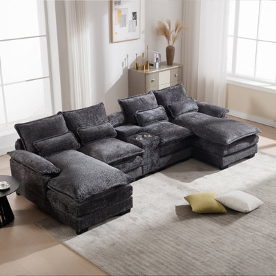 Modern Sofa U-Shaped Sofa With Console,Cupholders And USB Ports,6-Seat Upholstered Symmetrical Indoor Furniture,Sleeper Couch Set With Chaise  ,Apartment,