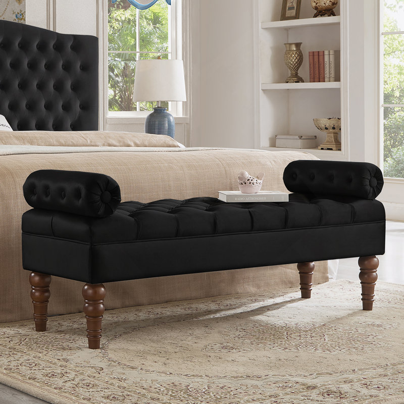 Velours long lit pour chambre à coucher, banc de fenêtre rembourré avec bouton touffeté, banc d'entrée, banc de traversin pour le salon - noir