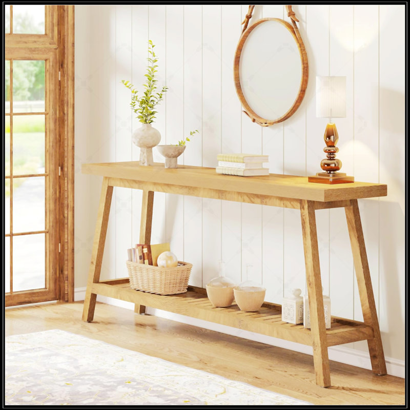 70.9” Extra Long Farmhouse Console Table, Solid Wood Entryway Table With 2-Tier Open Storage, Rustic Narrow Sofa Table For Hallway And Living Room, Light Brown