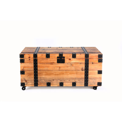 Large Storage Trunk Table On Four Wheel, Natural Reclaimed Wood And Black Metal, Industrial Vintage Grace, 41In Depth, 22In Width, 20In Height, 47.4Lb Weight Wheeled With Plentiful Space, Coffee