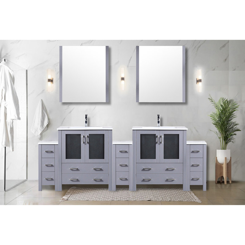 Meuble-lavabo double gris foncé mesurant 96 po X P 18,25, avec armoires latérales, comptoir en céramique blanche, structure en bois massif, fonction de fermeture en douceur, deux armoires et treize tiroirs pour
