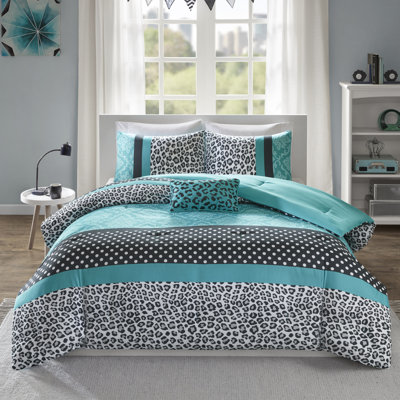 Teal Polka Dots and Leopard 4-Piece King/Cal King Comforter Set