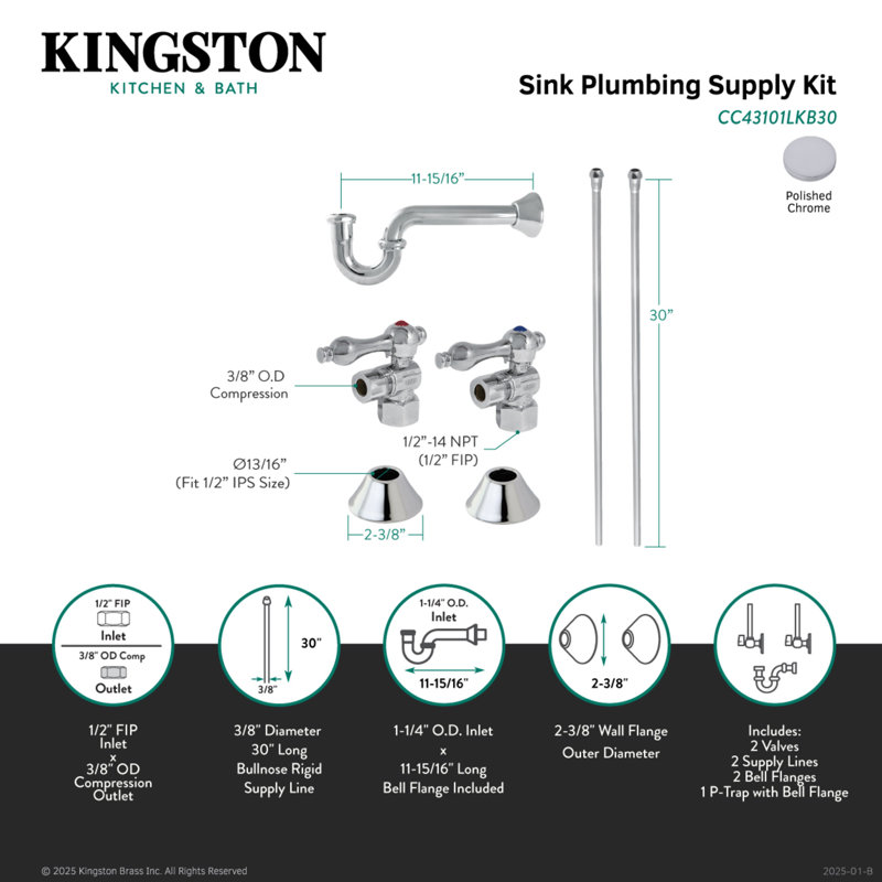 Kingston Brass Trimscape Traditional Plumbing Sink Trim Kit with P-Trap, Chrome