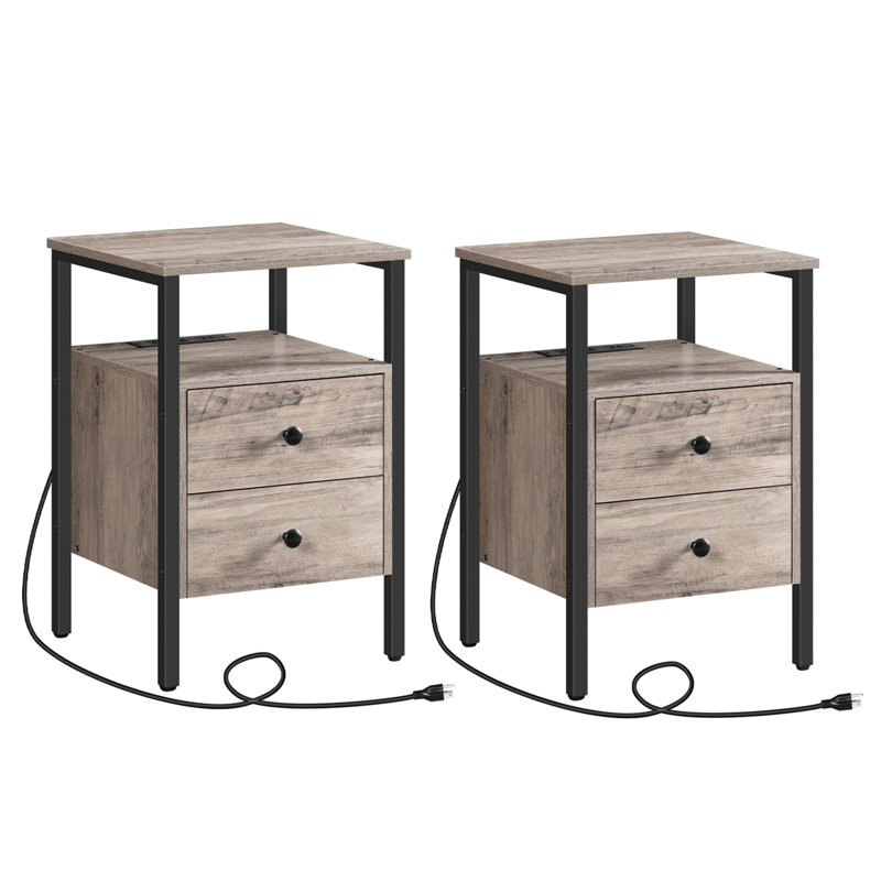 24'' Tall 2 - Drawer Iron Nightstand with Storage and Built-In Outlets, Black/Greige