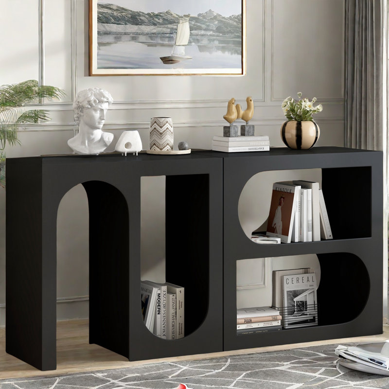 Berniece Modular Console Table with Rectangular Exterior and Curved Interior Design, Black