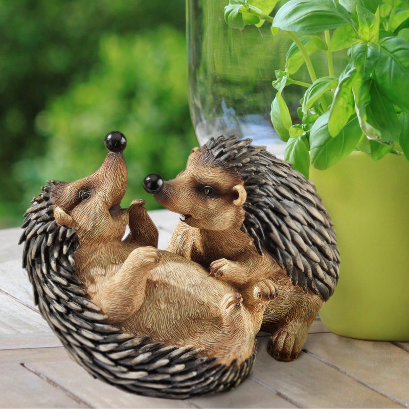 Playful Hedgehog Pair Resin Garden Statue in Natural Hues