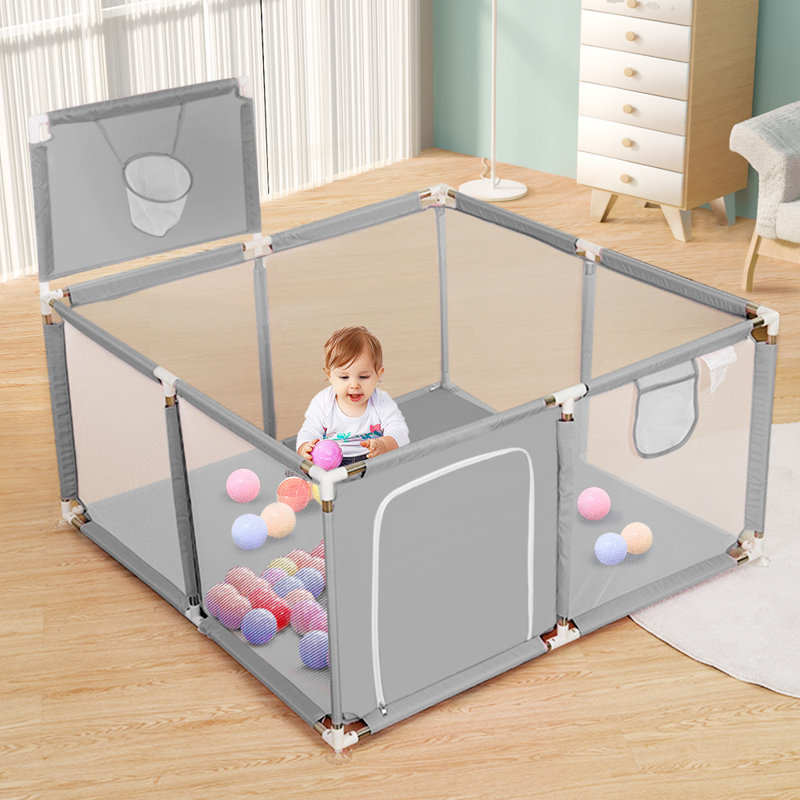 50" x 50" Baby Playpen with Basketball Hoop, Toddler Kids Playard for Indoor and Outdoor, Gray
