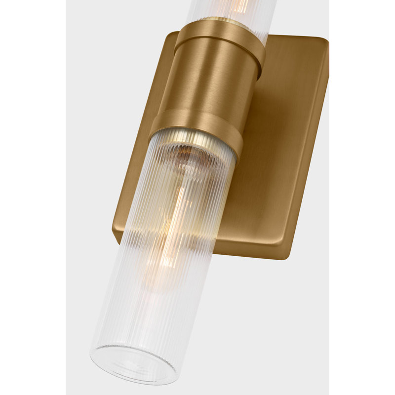 Keaton Two Light Vanity, 16" H x 5" W x 3.63" D, Clear Fluted, Satin Brass