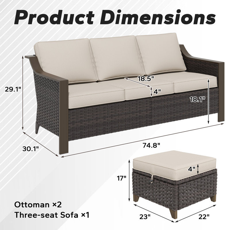 Canapé trois places en osier de patio avec repose-pieds, Beige