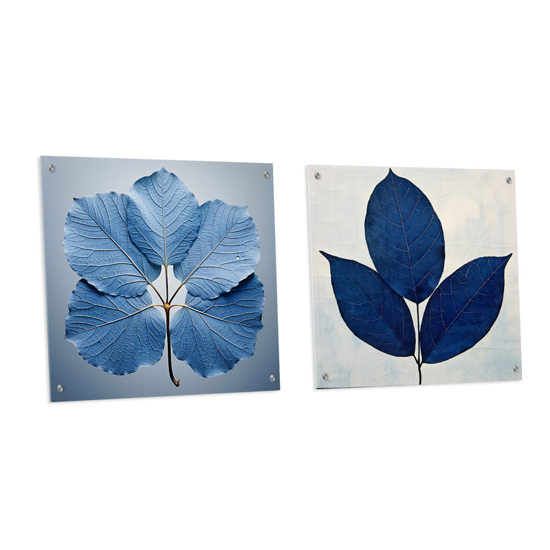 Silhouette de feuilles bleues et saphir - ensemble de 2 feuilles d'art mural en acrylique sur verre, H 16 po x l 33 po
