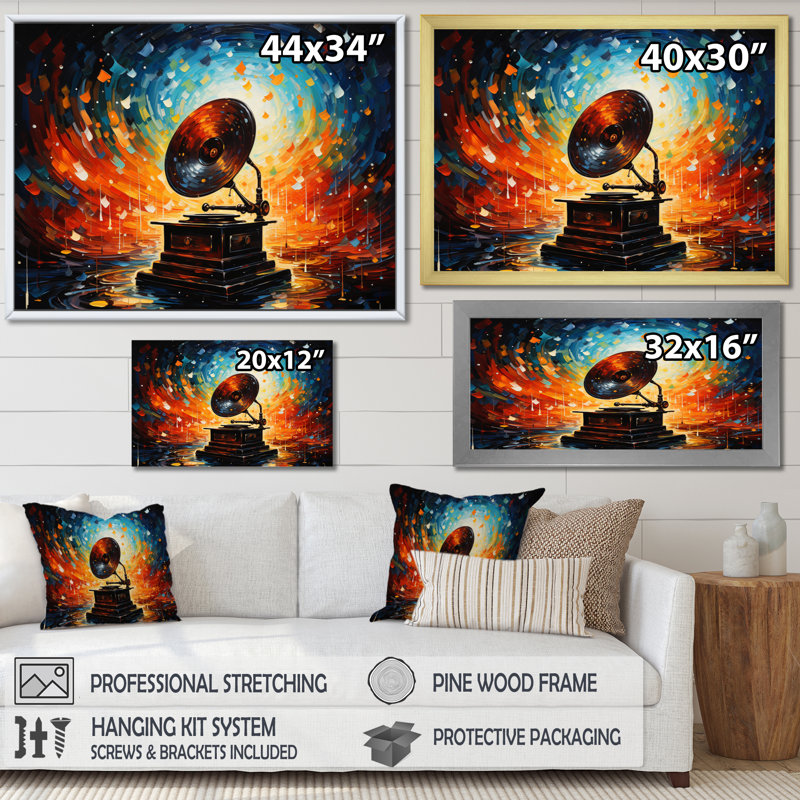 Phonograph Pointillism Multicolor I - Music Canvas Prints, Cadre doré à une seule photo, H 30 po x l 40 po x P 1,5 po