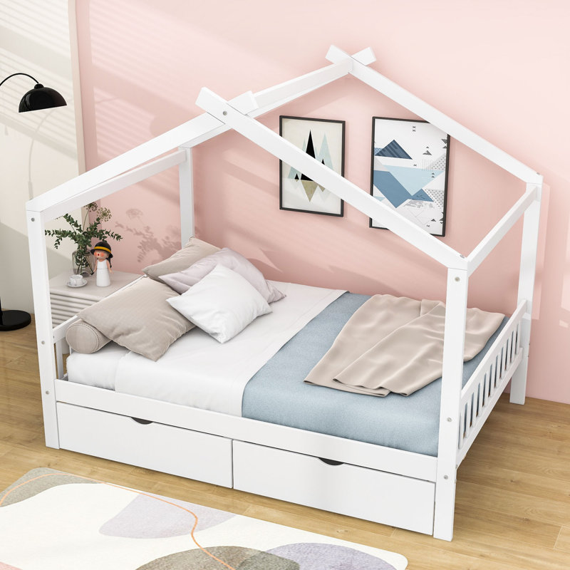 Mccurtain Full Size 2 Drawers House Platform Bed with Headboard, White