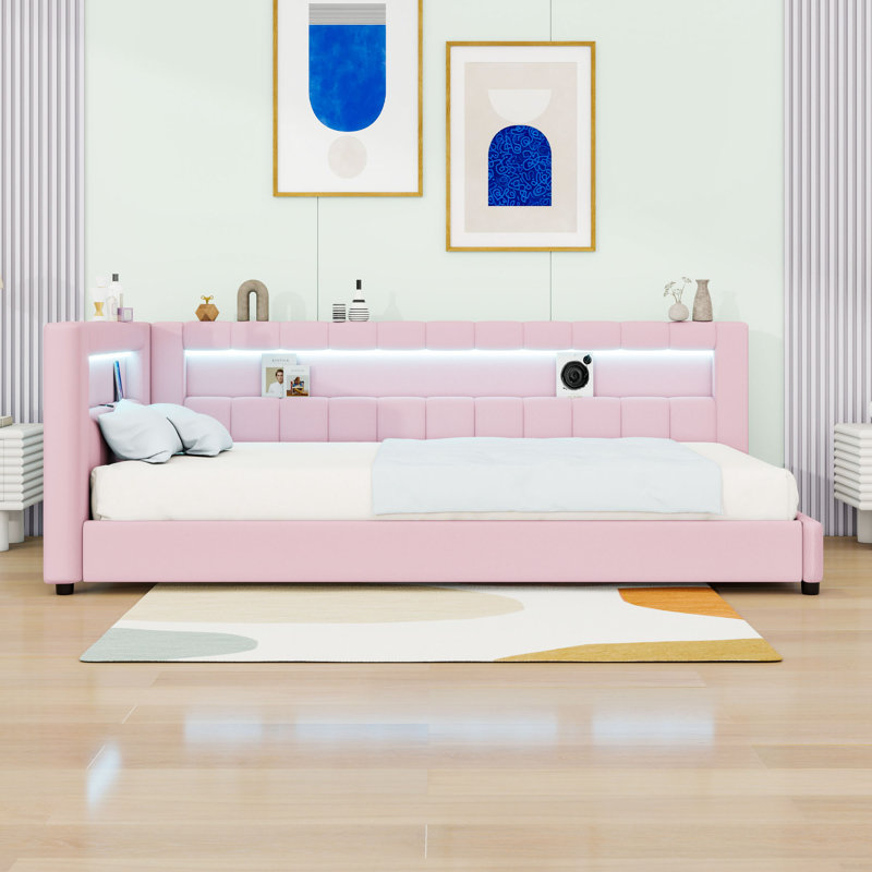 Upholstered Daybed with LED Light and USB Ports, Extra-long Twin, Pink