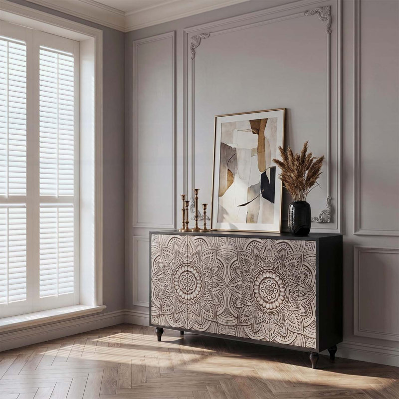 Buffet Boho Mandala 3D embossé avec portes à pousser, tablettes réglables et pieds tournés en bois pour une utilisation polyvalente à la maison