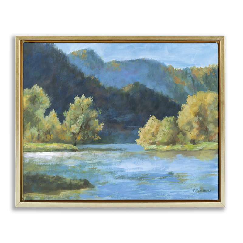 "Blue Hued Mountains", art mural encadré par Pam Britton, H 25 po x l 31 po, Cadre flottant métallique doré