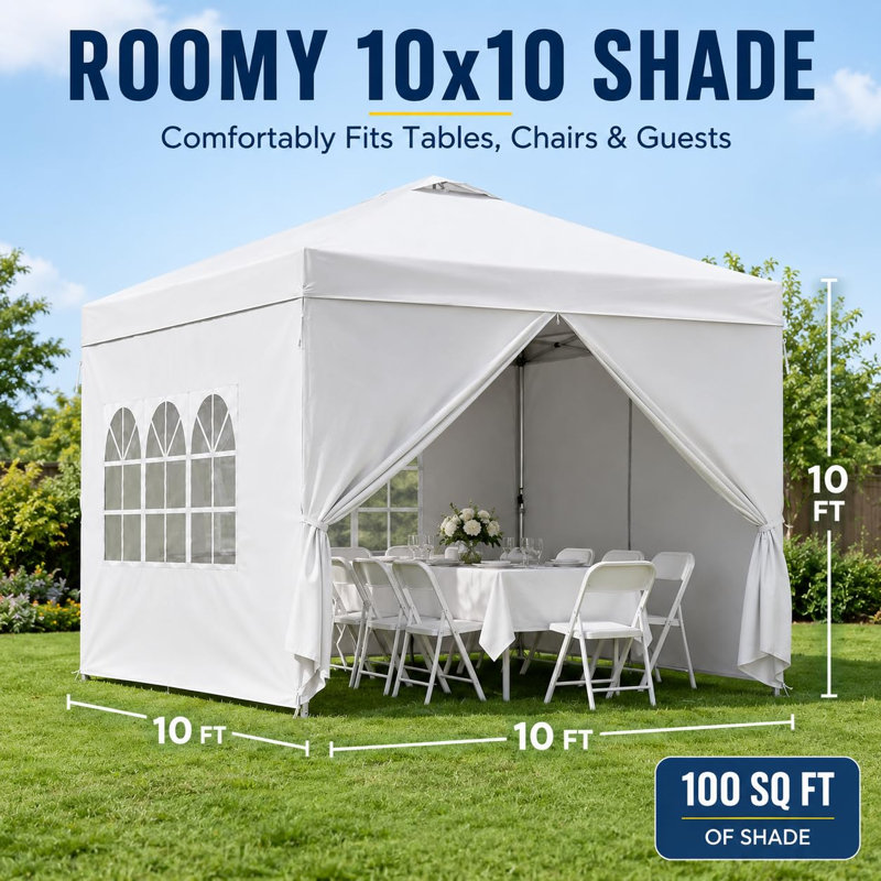 Auvent 10 x 10 avec 4 parois latérales, pavillon de jardin portatif avec protection contre les rayons UV UPF 50+, sac de transport et haubans, blanc