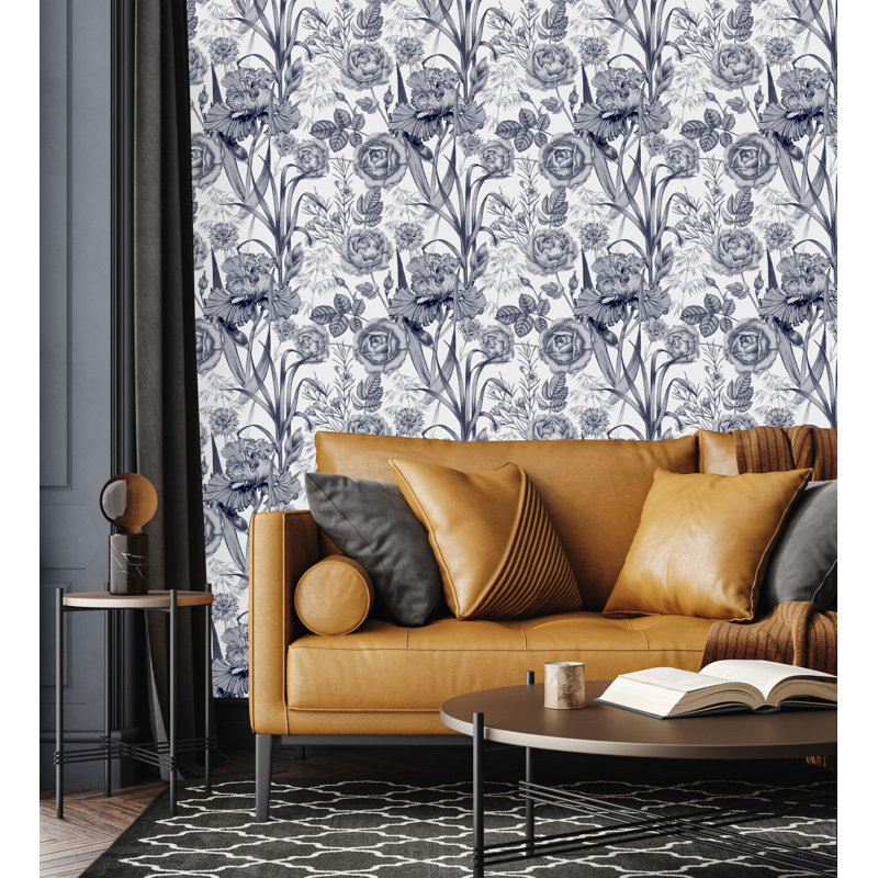 Dark Flowers On White Background Wallpaper, 25" W x 125" L