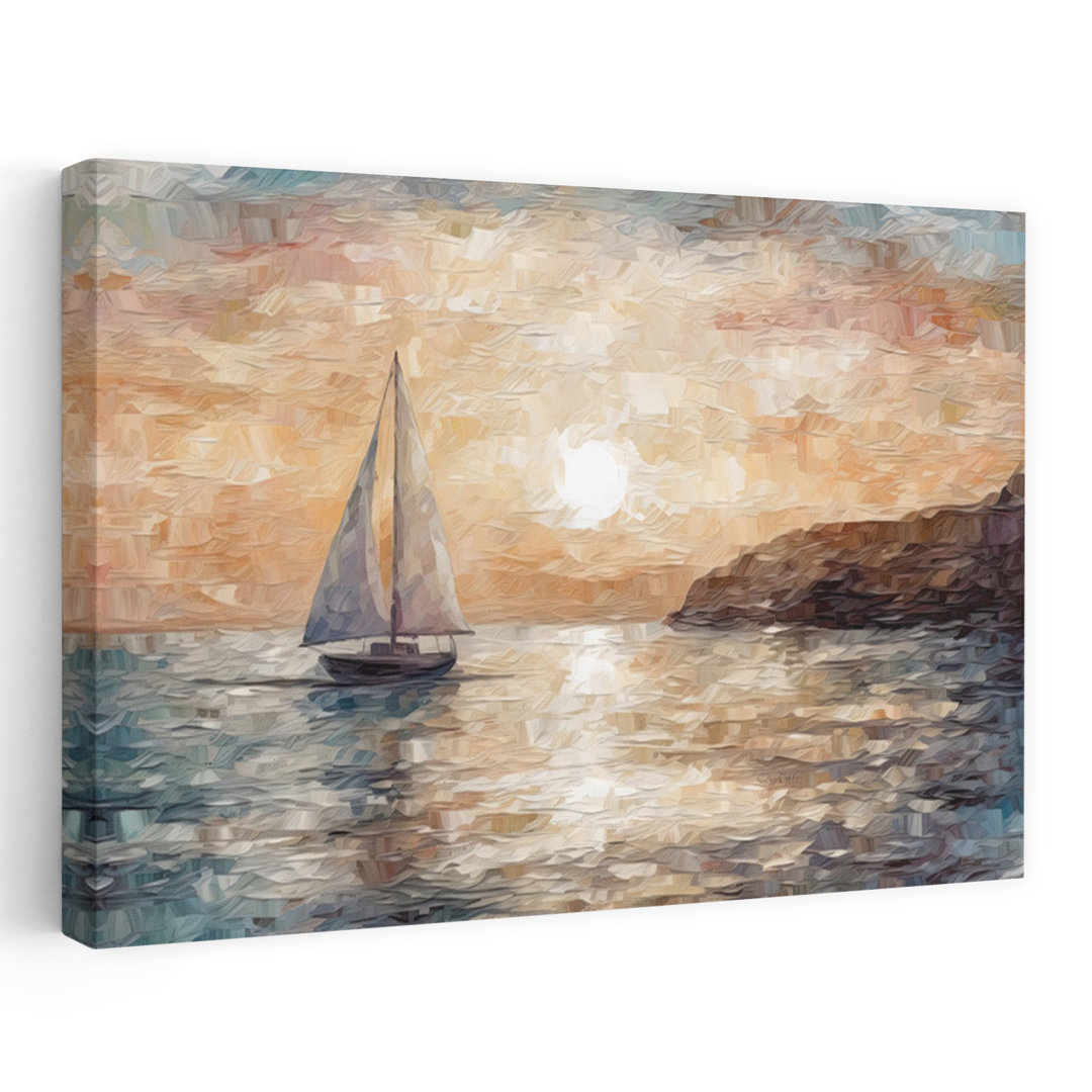 Pink Orange Sky Sailboat Coastal Scene Contemporary Peaceful Serene Coastal Landscape Wall Art Print
