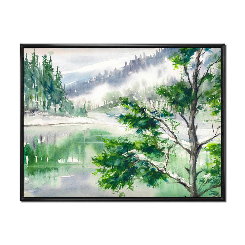 Lac - peinture sur toile, H 24 po x l 32 po, Cadre flottant noir