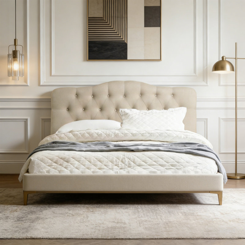 Linen Upholstered Headboard-Modern-Adjustable Height-Button Tufting, Beige, Queen
