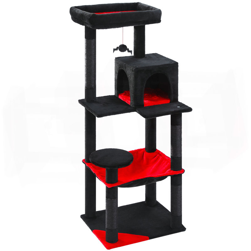Arbre à chat avec très grand hamac, tour à chat noire de 56,3 po avec lit en cercueil, maisonnette pour chat, poteaux à griffes en sisal et perchoir supérieur, arbre à chat à plusieurs niveaux