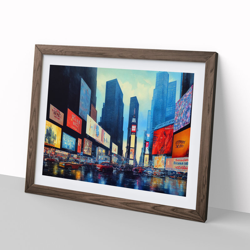 Times Square New York Watercolour Vol.6 - Single Picture Frame Print, 46cm H x 64cm W x 2cm D, Walnut Framed
