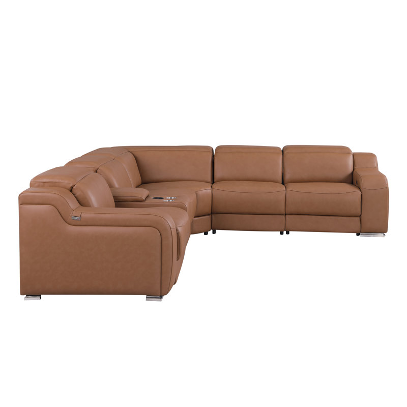 Stanya 6 - Piece Top Grain Italian Leather Power Reclining Sectional, Cognac Genuine Leather