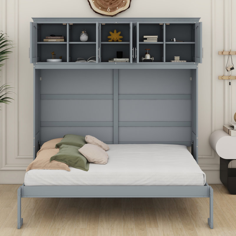 Lit escamotable mural avec armoires supérieures Murphy, Gris, Lit double