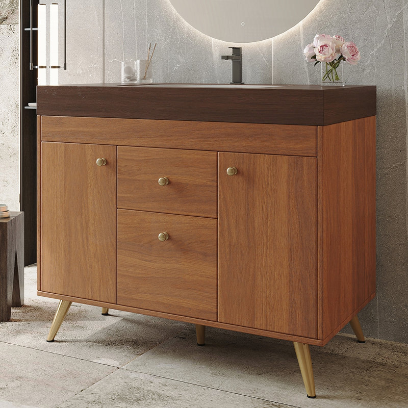 Meuble-lavabo autoportant moderne de 36 pouces avec plateau en pierre frittée, lavabo en céramique et solutions de rangement intelligentes
