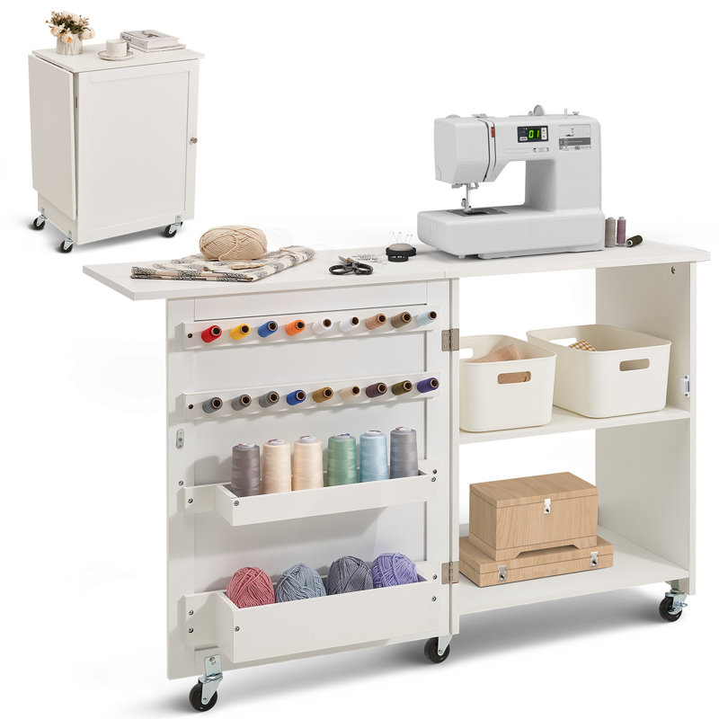 Folding Sewing Table with Lockable Wheels Storage Shelves Trays Door Wood Colour, Blanc