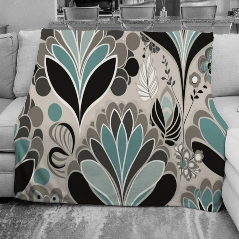 Jeté , Floral, L 51 po x L 60 po, Noir et bleu marine