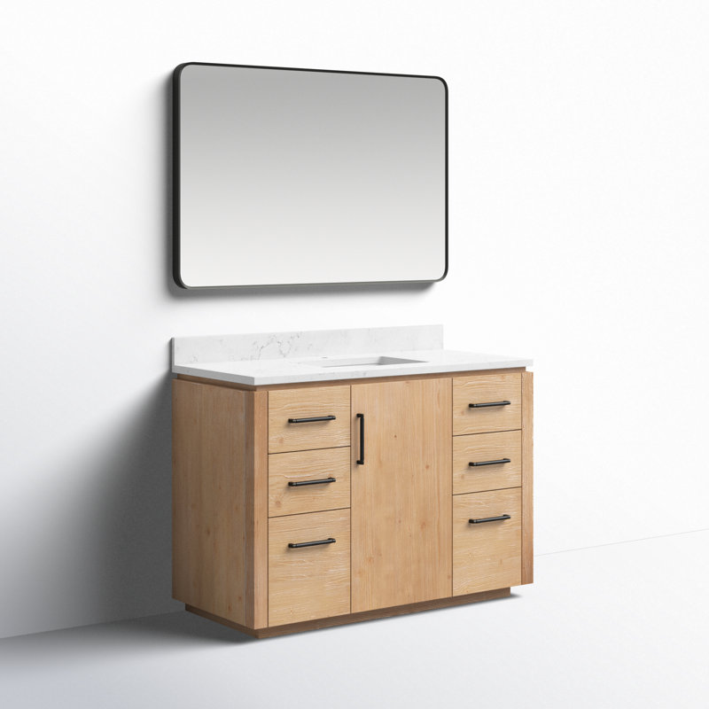 Meuble-lavabo simple 48 po avec plateau en pierre et miroir Cloverfield, Bois de sapin brun, Noir mat