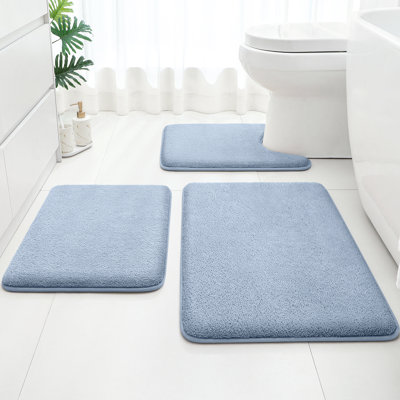  Upgraded Bathroom Rugs Set 3 Piece, Ultra Soft Memory Foam Bath Mats, Super Absorbent Non Slip Washable U-Shaped Toilet Bath Rug (Blue, 17"x24"+20"x32"+U-Shaped 20"x24")