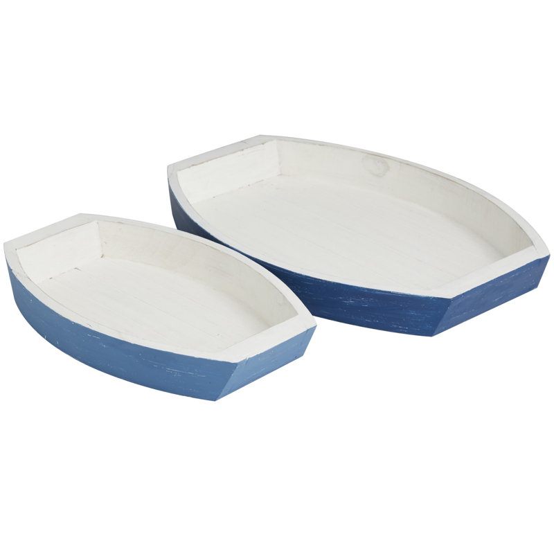Garyville Wood Handmade Distressed Two Toned Boat Blue Decor Tray Set
