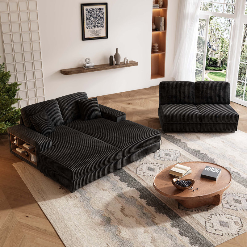 Canapé convertible en forme de U avec tissu velours côtelé offrant confort et fonctionnalité modernes pour la détente dans le salon
