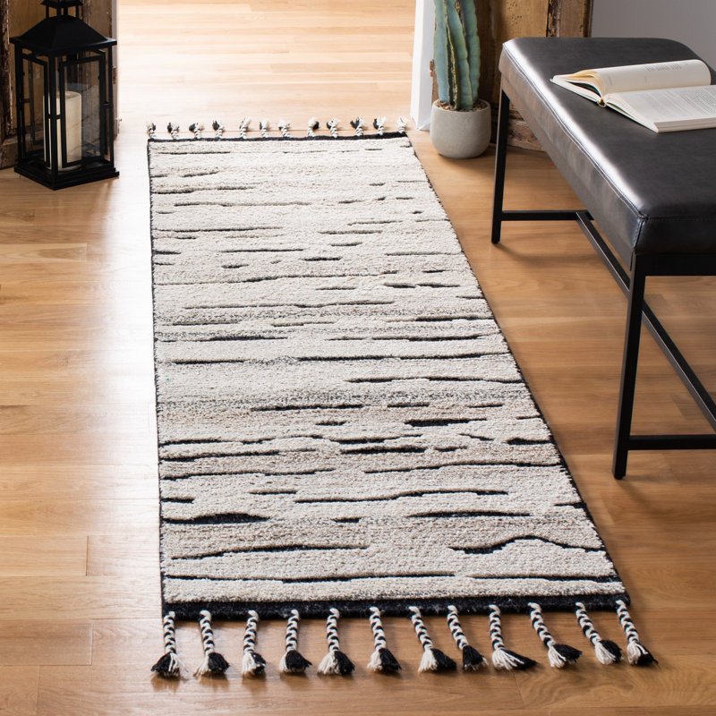 Tapis gris anthracite / ivoire en laine noué à la main Aitkin, Tapis de couloir 2 pi 3 po x 8 pi