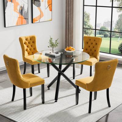 36" Glass Dining Room Table Set for 4, 5-Piece Round Black Dining Table with Metal Legs, 4pcs Velvet Upholstered Chairs with Wood Legs, Glass Kitchen