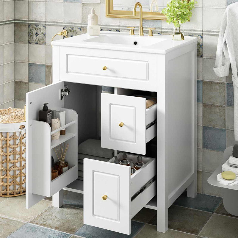 Meuble-lavabo de 24 pouces avec lavabo en céramique, 1 porte à fermeture douce et 2 tiroirs à fermeture douce