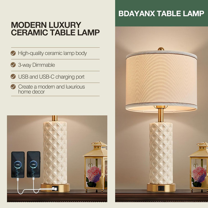 Ensemble de lampes de table en céramique avec ports USB et contrôle tactile à intensité variable pour la chambre à coucher / salon