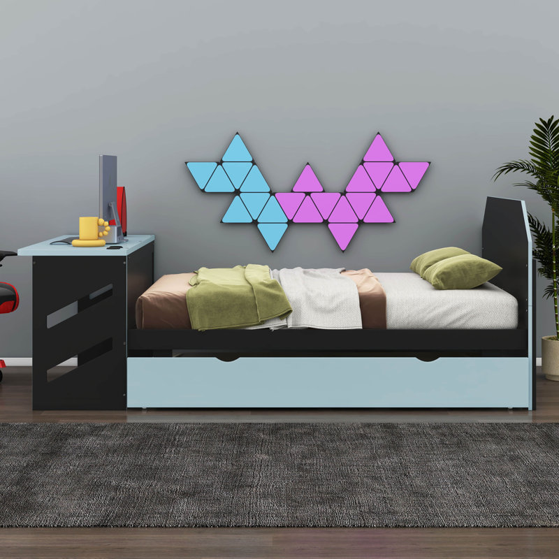 Lit de jour double avec lit gigogne, cadre de lit de jour avec bureau, cadre de lit de jour avec port USB, Bleu